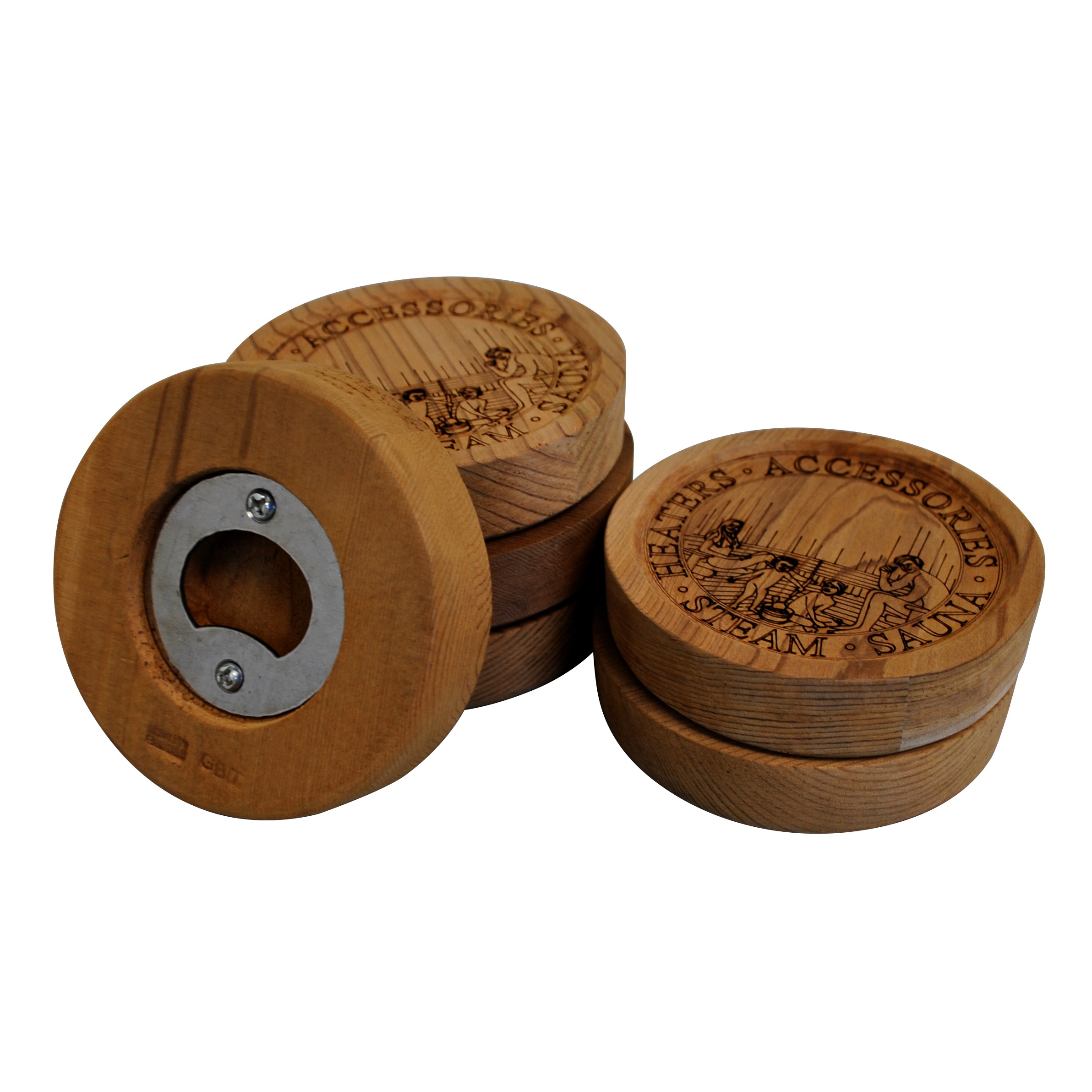 Cedar bottle opener and coaster for saunas